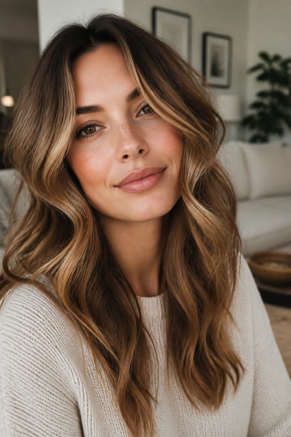 Real woman with face-framing waves in a softly lit living room
