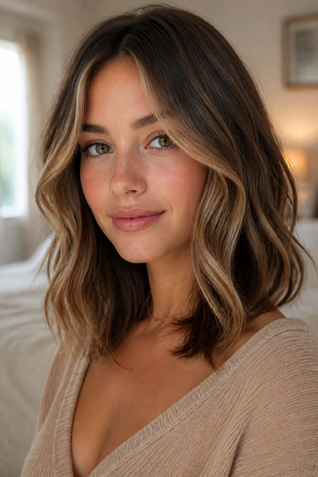 Close-up portrait of a real woman with face-framing soft waves around the jawline