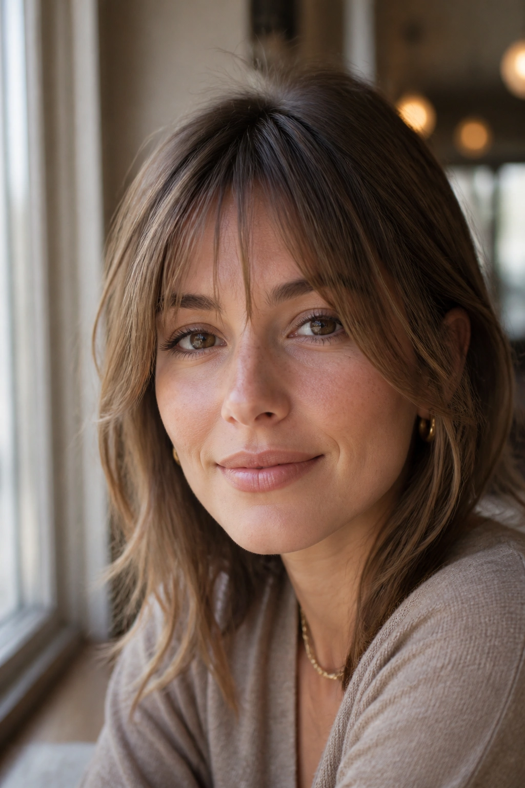 Close-up portrait with face-framing wispy bangs starting near temples.