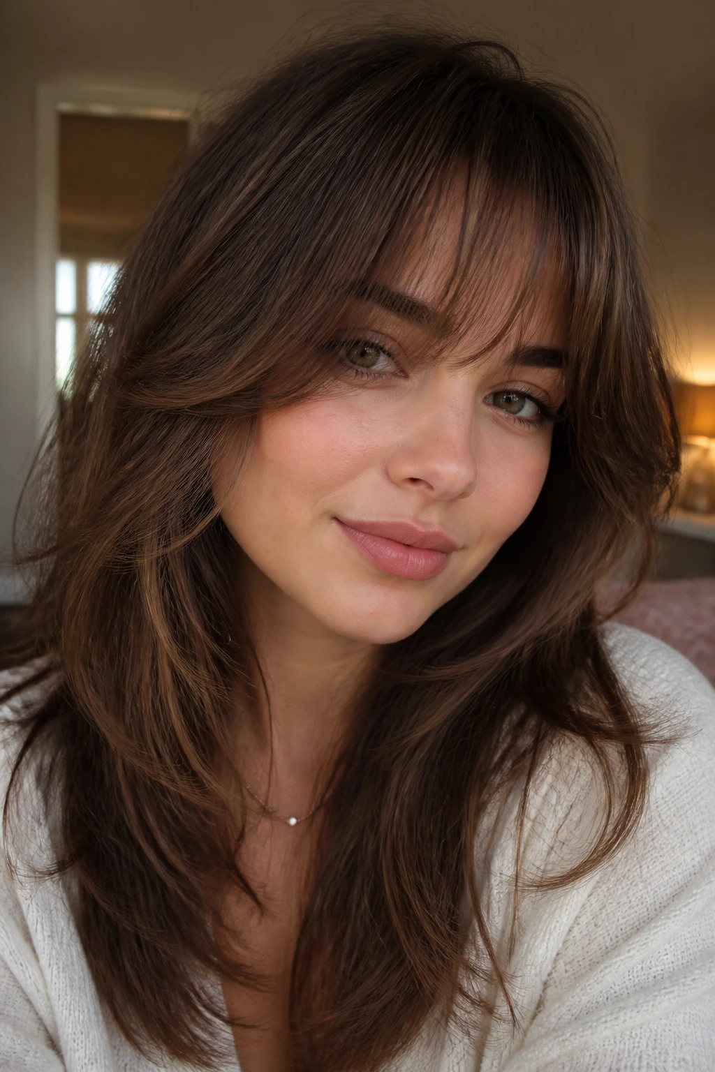 Close-up portrait of a real person with wispy bangs and layered sides shaping the face