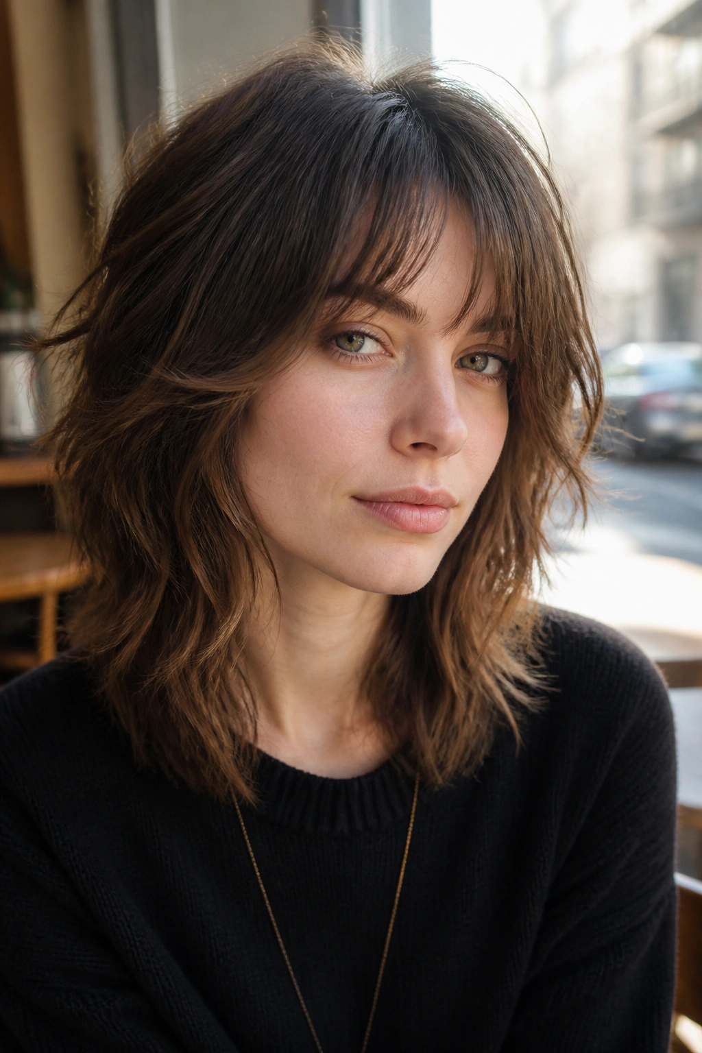 Real woman showing cheekbone-framing shaggy wolf cut with face-framing pieces