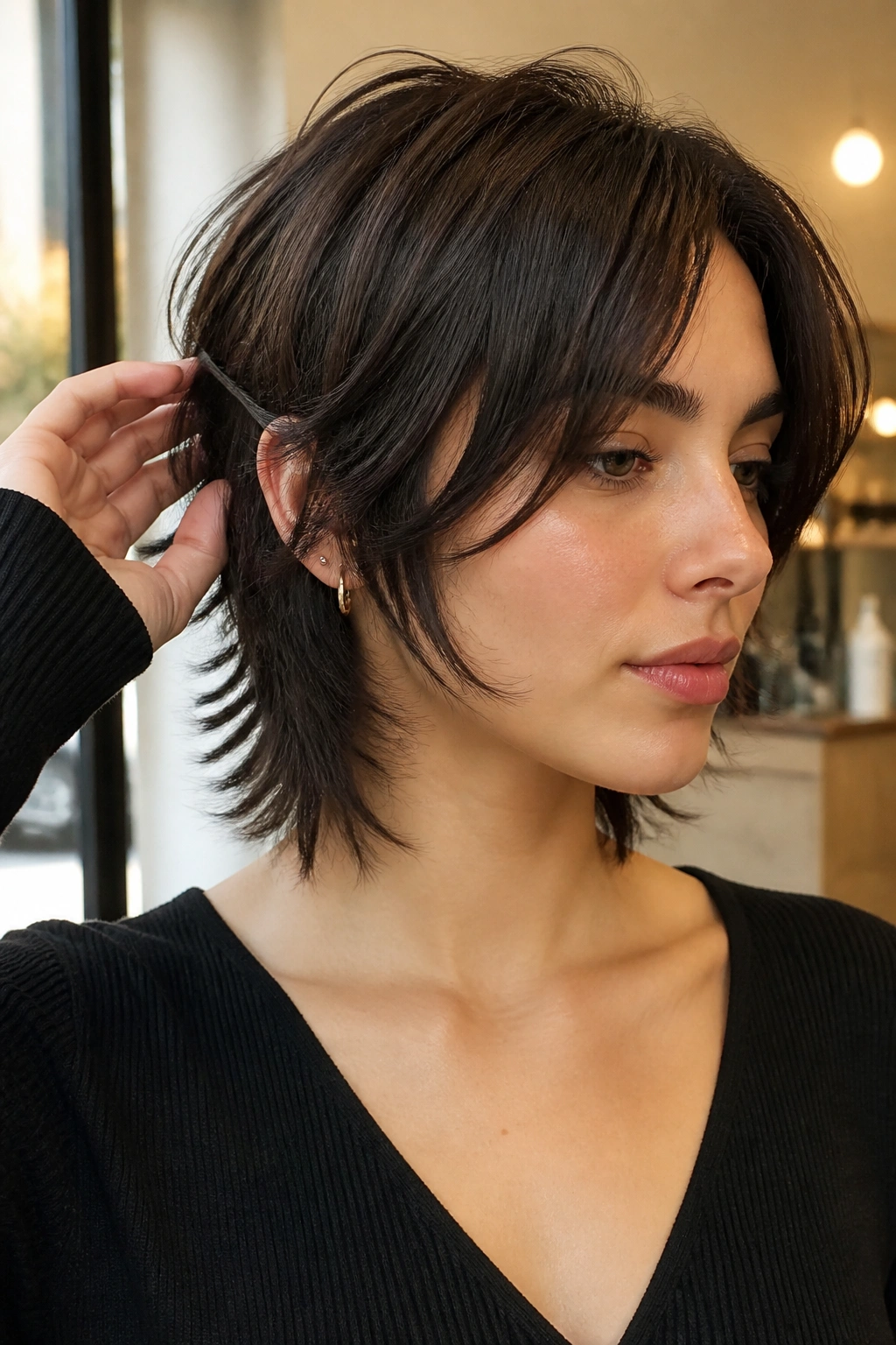 Close-up portrait of a real person with cheekbone-framing front pieces in a wolf cut, warm salon light.