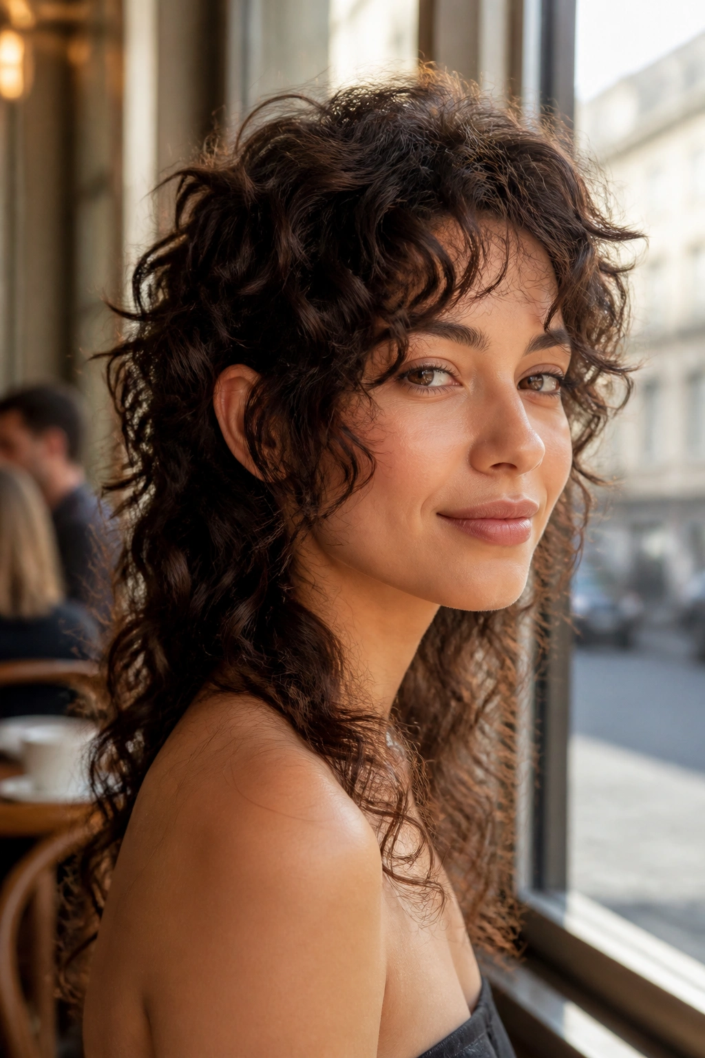 Close-up of a real woman with cheekbone-grazing face-framing wolf cut.
