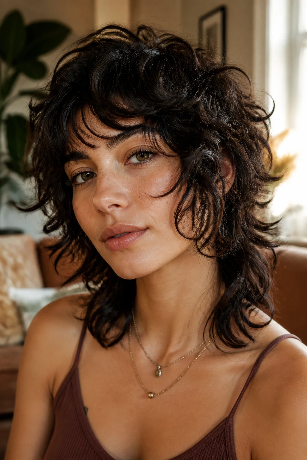 Close-up portrait of a real woman with a face-framing wolf cut for oval faces, warm window light