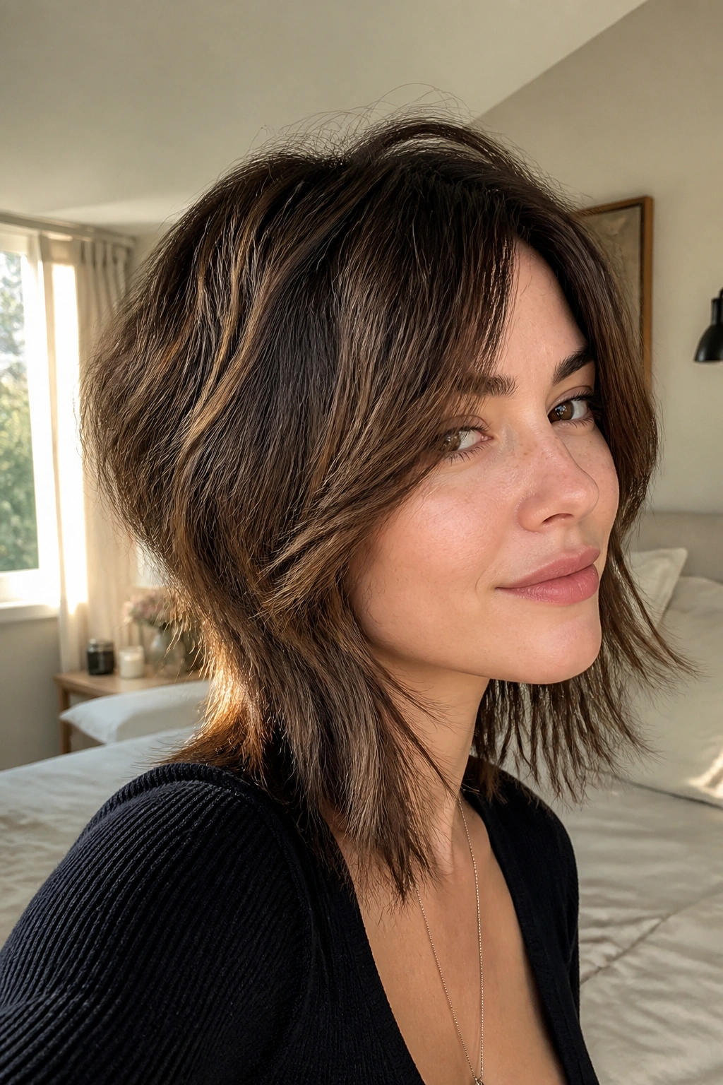 Close-up portrait of a real woman with face-framing wolf cut showing longer front pieces and soft facial contour