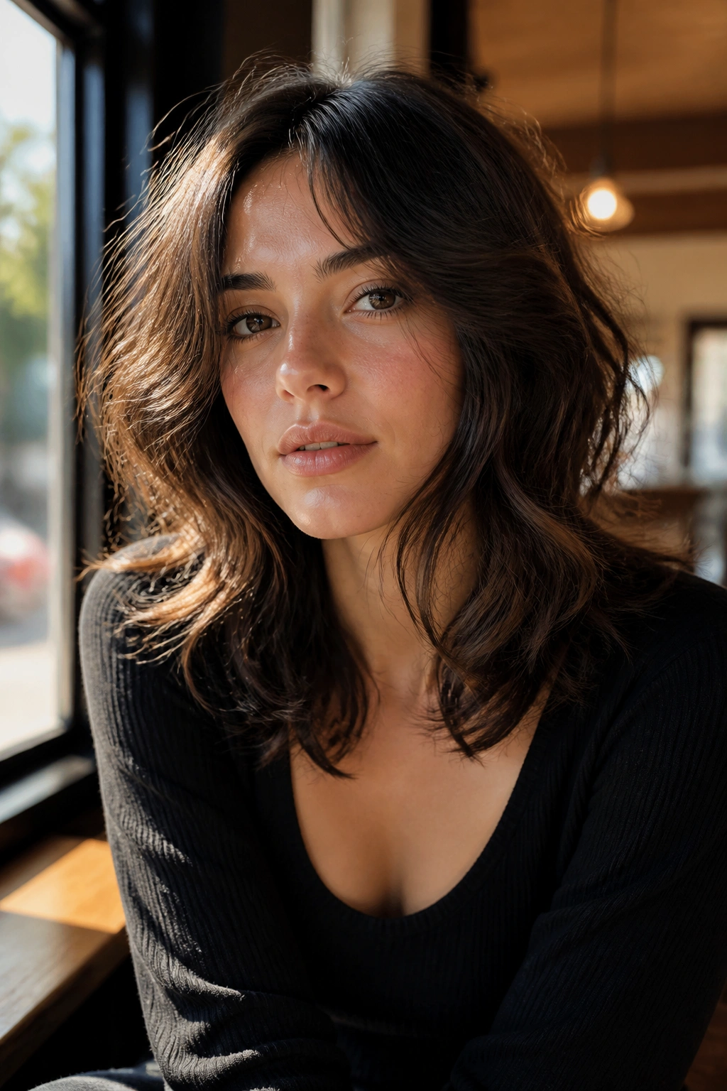 Close-up of a real woman with face-framing wolf cut by a cafe window