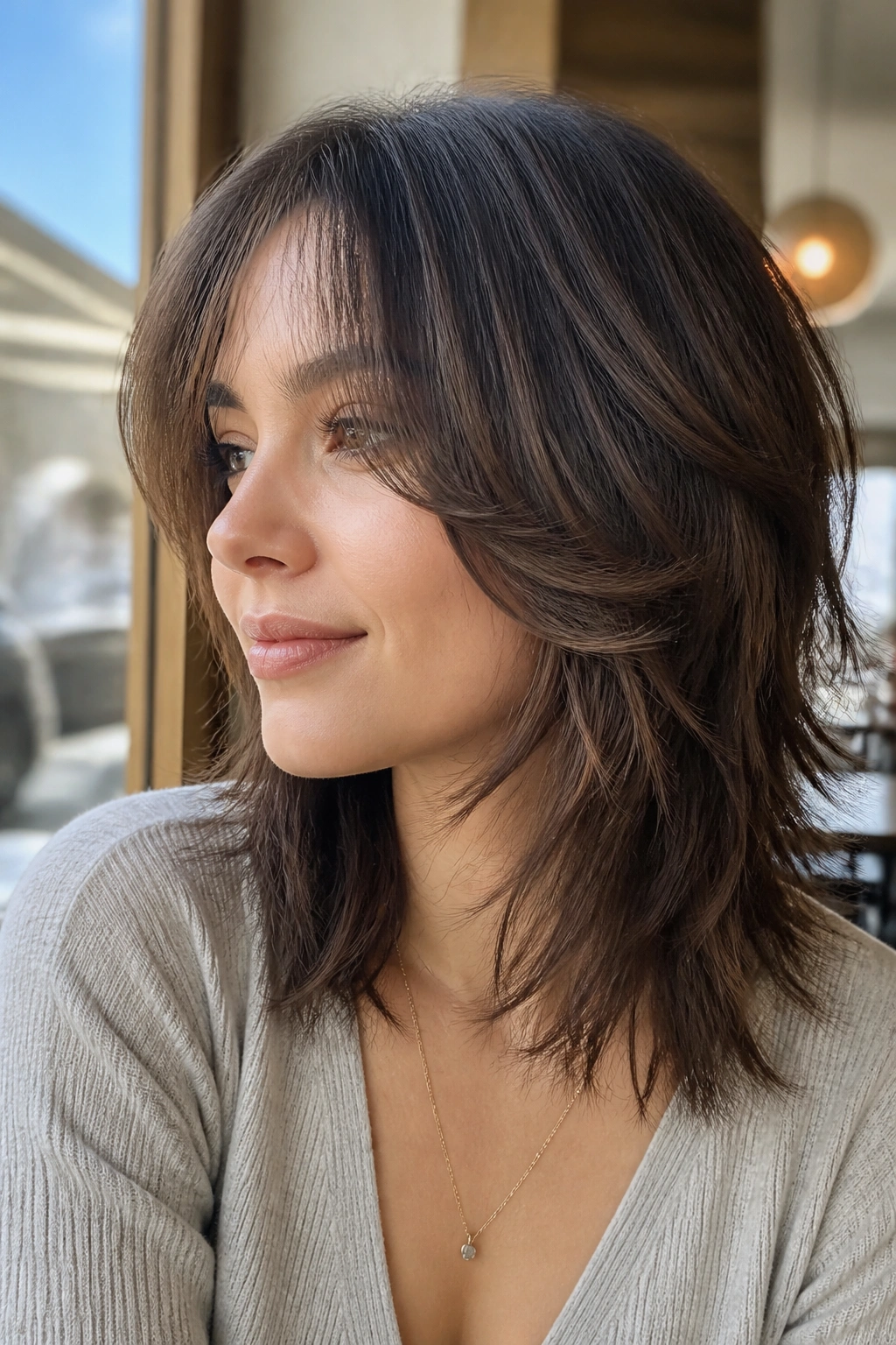 Portrait of a person with face-framing wolf cut designed for round faces, front pieces framing cheeks.