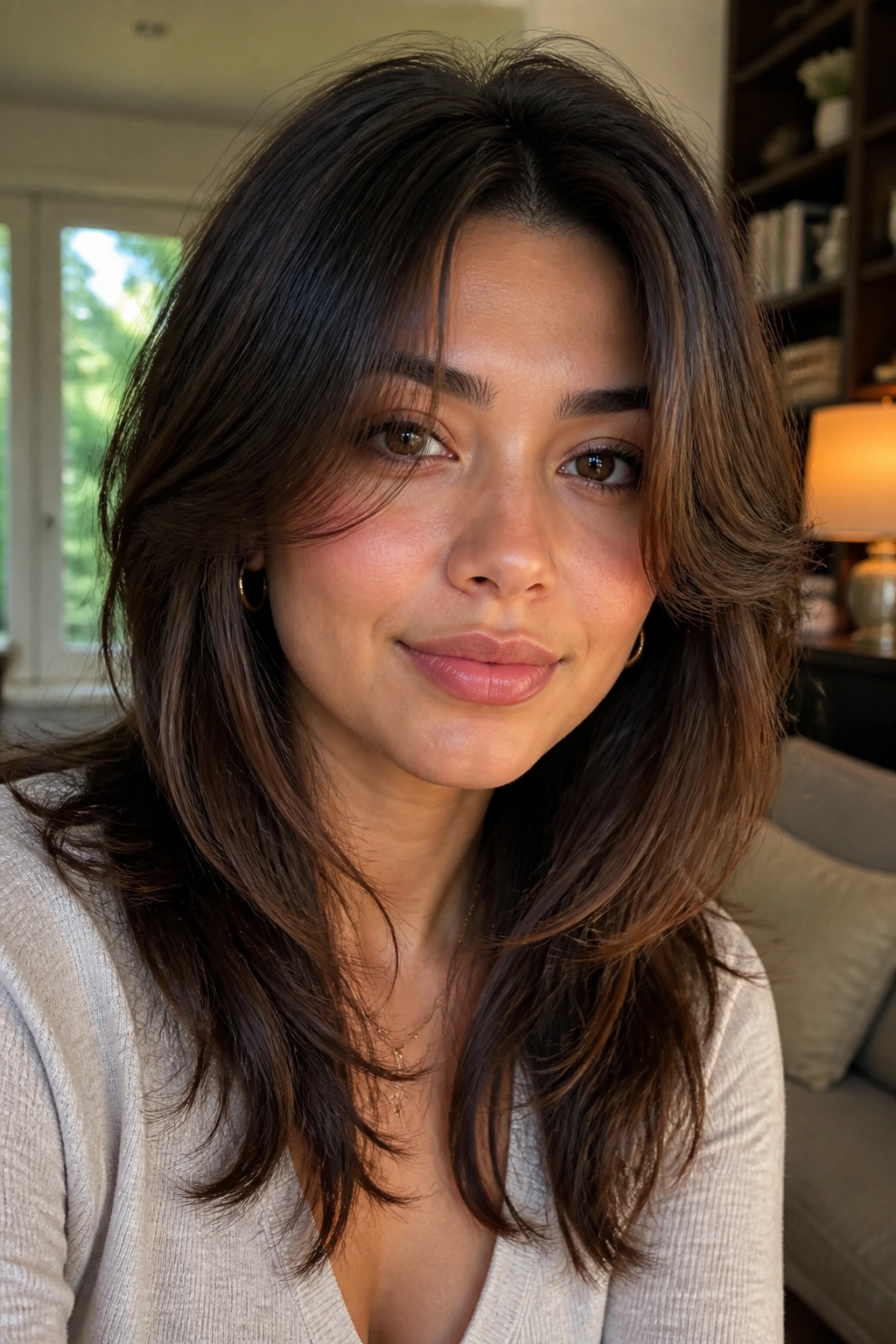 Real woman wearing face-framing wolf cut designed for rounder cheeks.