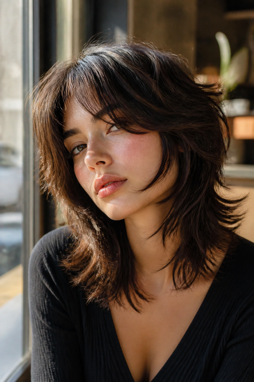 Close-up portrait of a real person with face-framing wolf cut and side-swept bangs