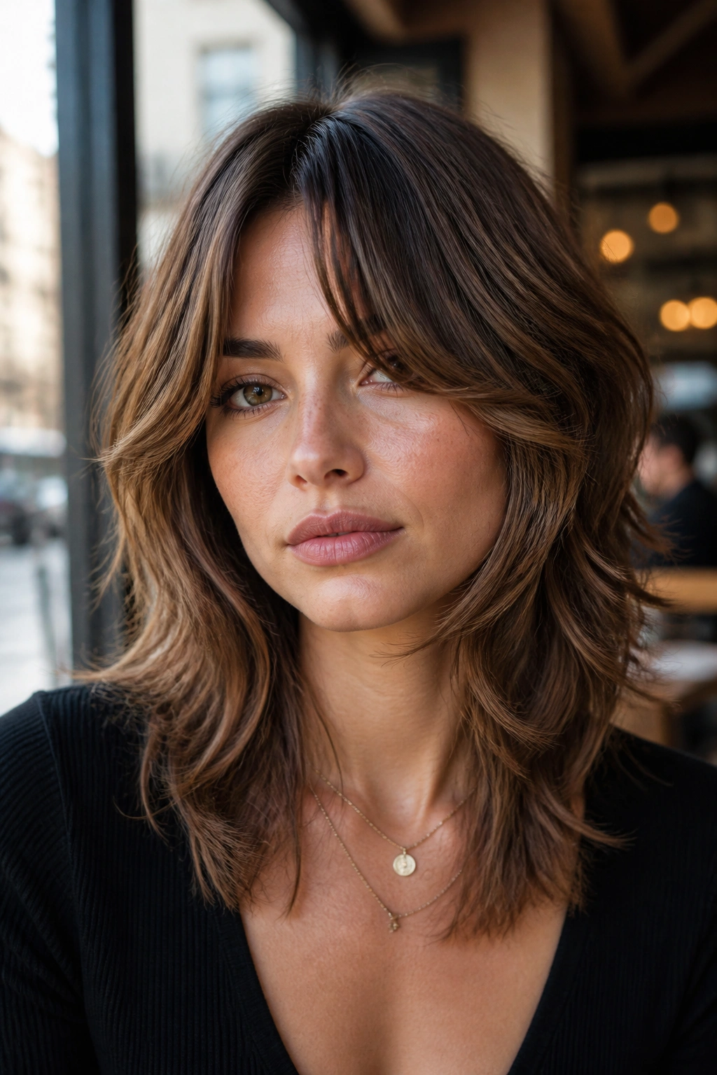 Close-up portrait of a real woman with face-framing wolf cut for square faces in a cafe light