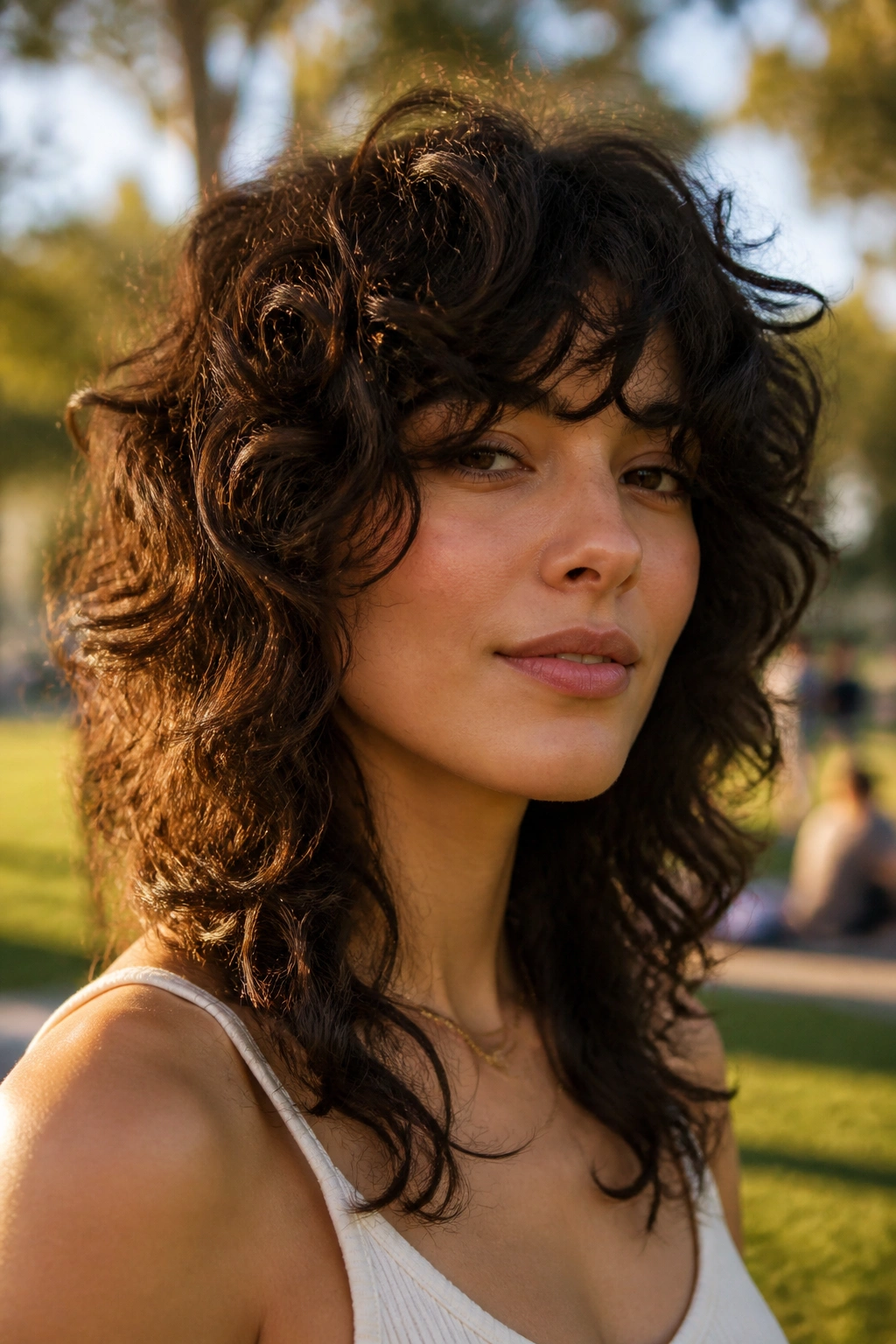 Close-up portrait of a real person with thick curls and face-framing wolf cut