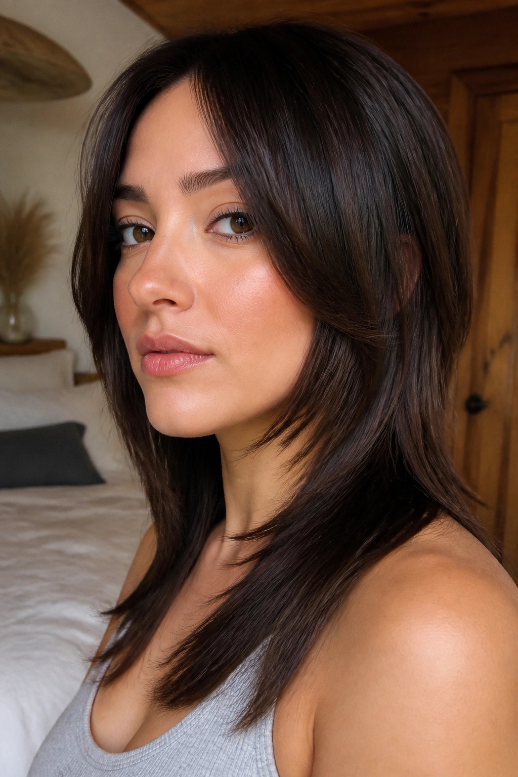 Close-up portrait of a real woman wearing a face-framing wolf cut with cheekbone-length layers.