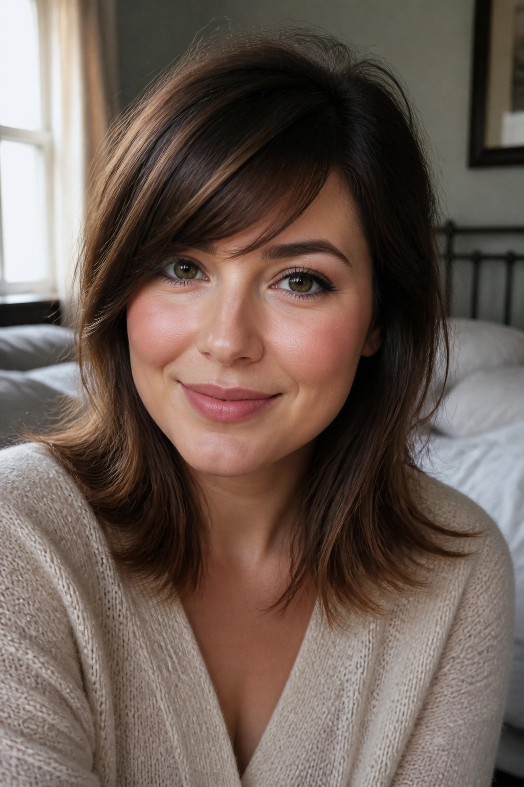Close-up portrait of a woman with a diagonal side-swept fringe for a round face