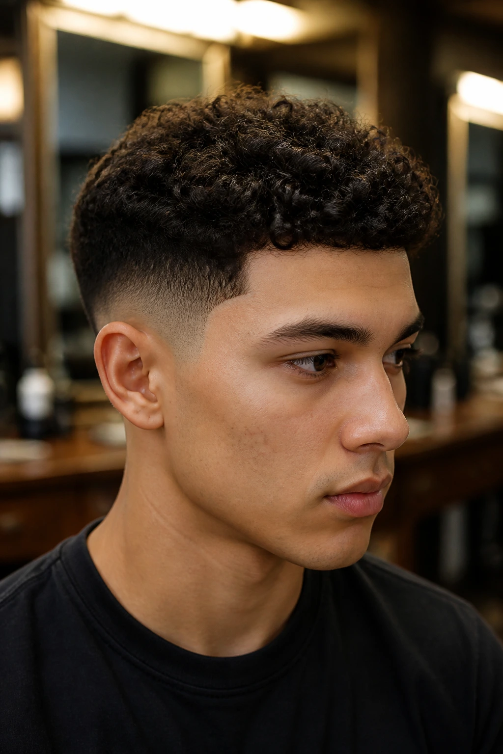 Close-up three-quarter portrait of a person with a fade and textured curls in barbershop lighting