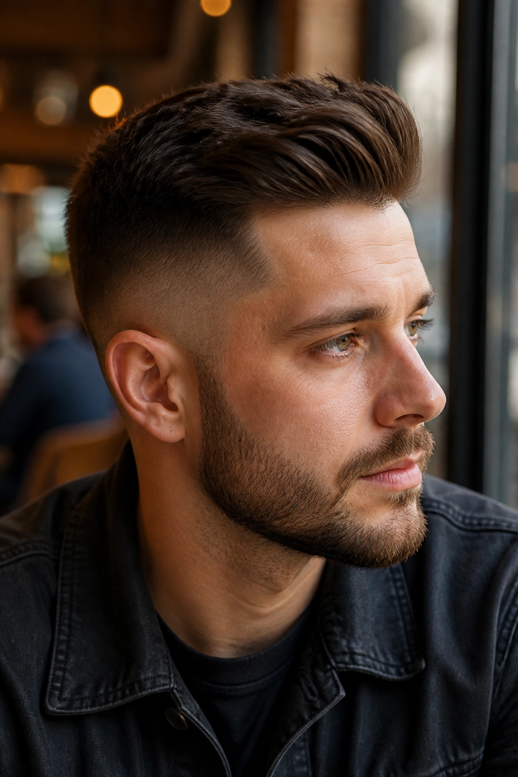 Close-up of a man with a fade undercut in a warm cafe setting