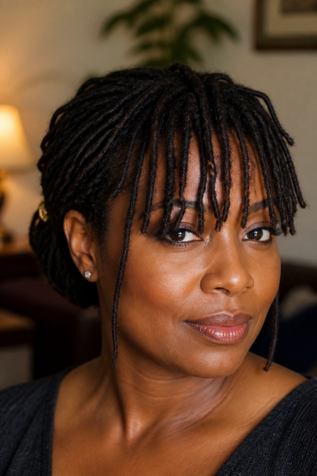 Close-up of front locs forming faux bangs