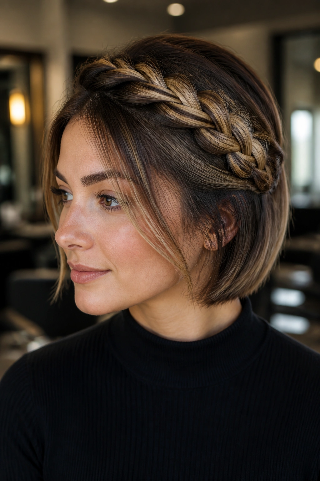 Close-up portrait of a real woman with a braided crown faux bob
