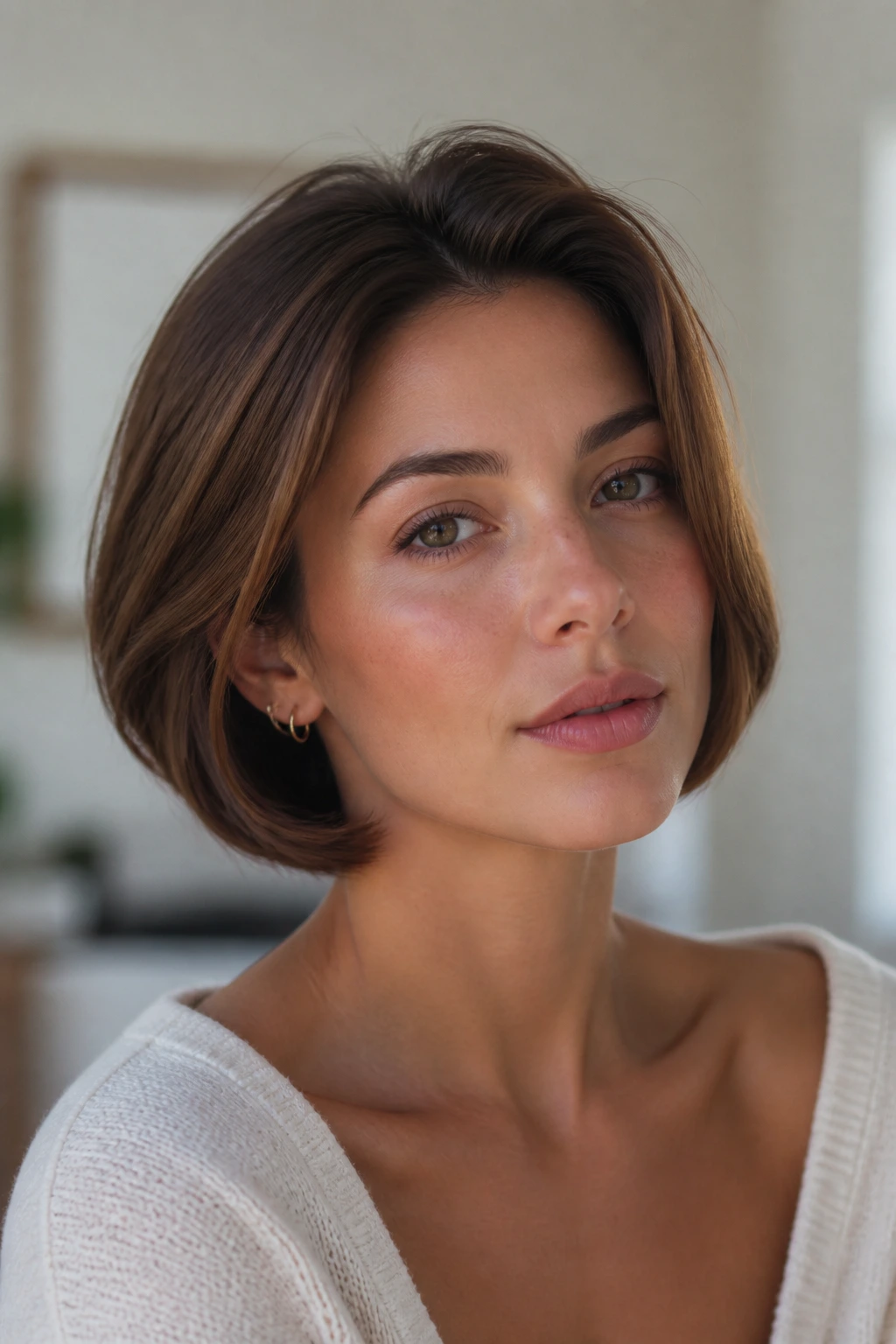 Real woman with faux bob hairstyle close-up portrait
