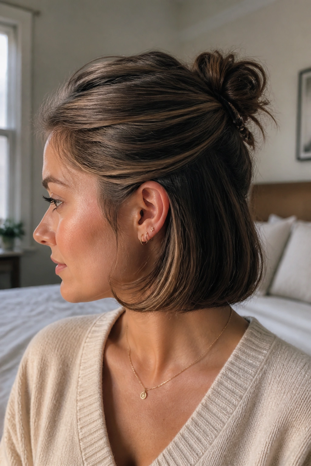 Close-up portrait of a real woman with half-up faux bob and hidden ends