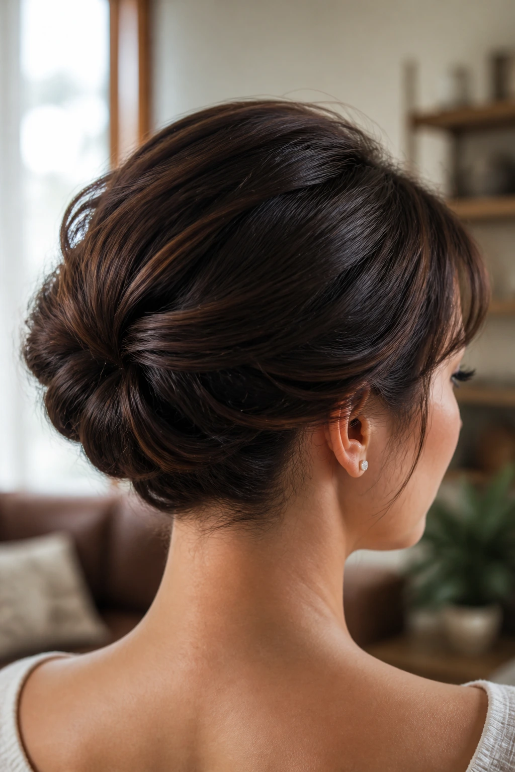 Back view of a real woman displaying a faux bob with hidden pins