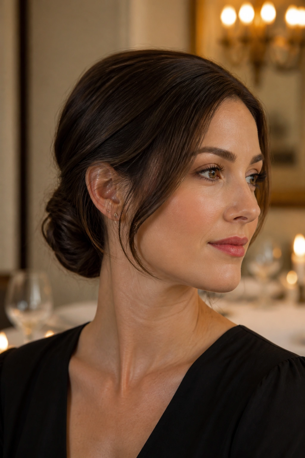 Close-up of a real woman with low chignon faux bob
