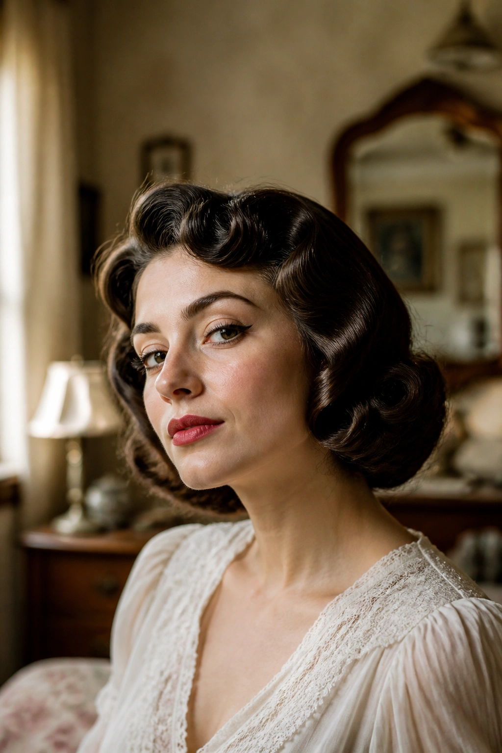 Close-up of real woman with faux bob pin curls in a vintage bedroom.
