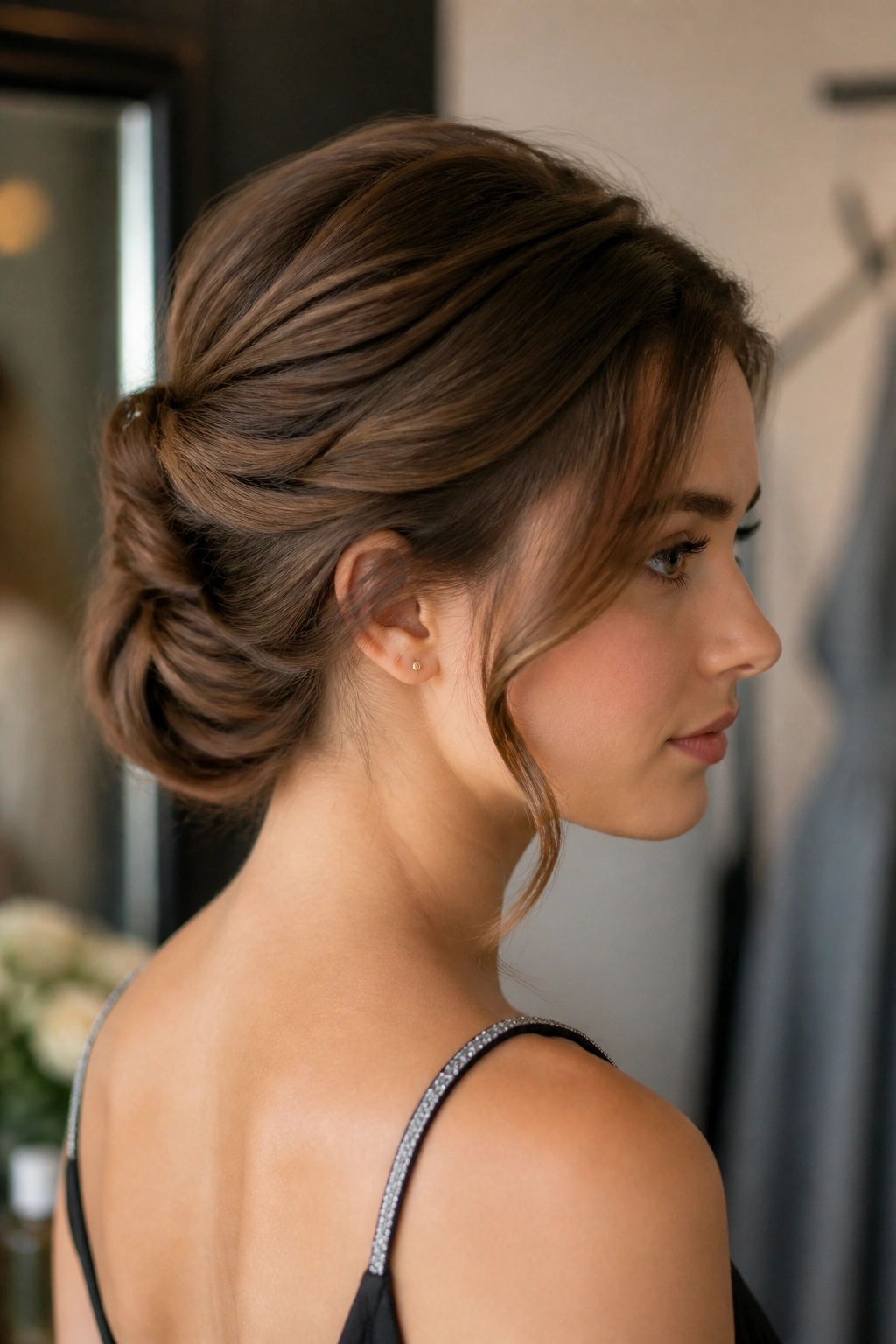 Profile of a woman showing a faux bob illusion with tucked hair at the nape