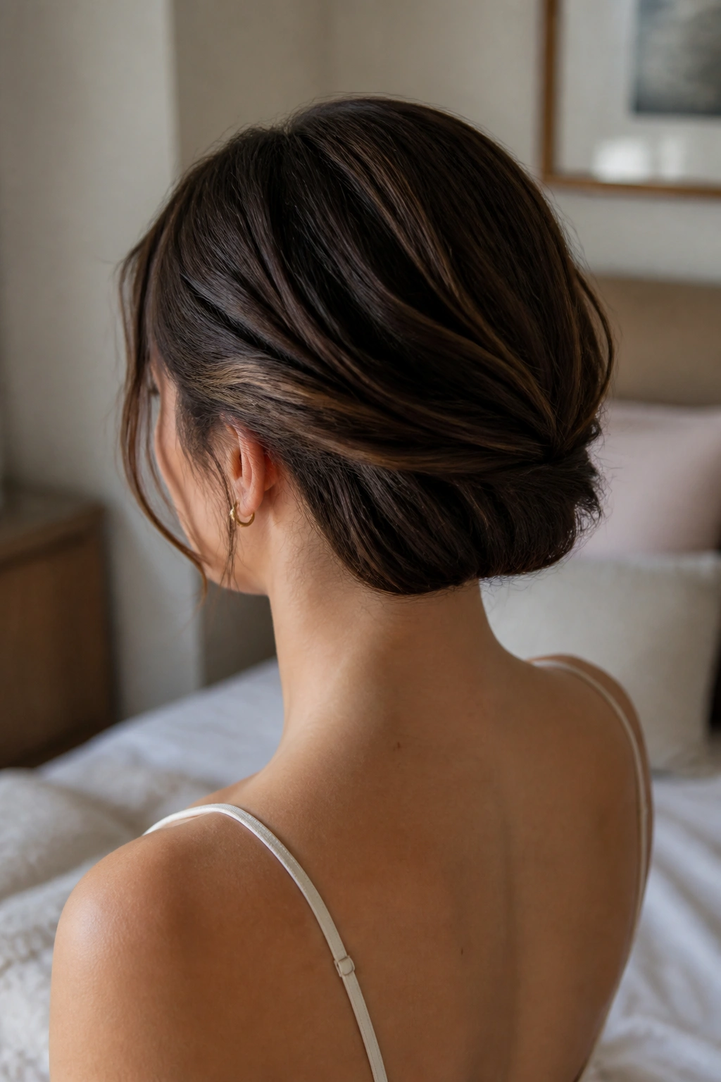 Back view of a woman showing a faux bob with hidden pins.