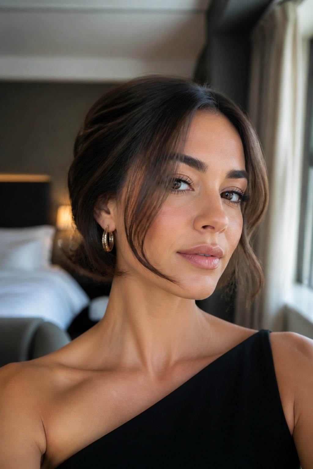 Real woman with a faux bob and soft ends in a warm hotel room setting