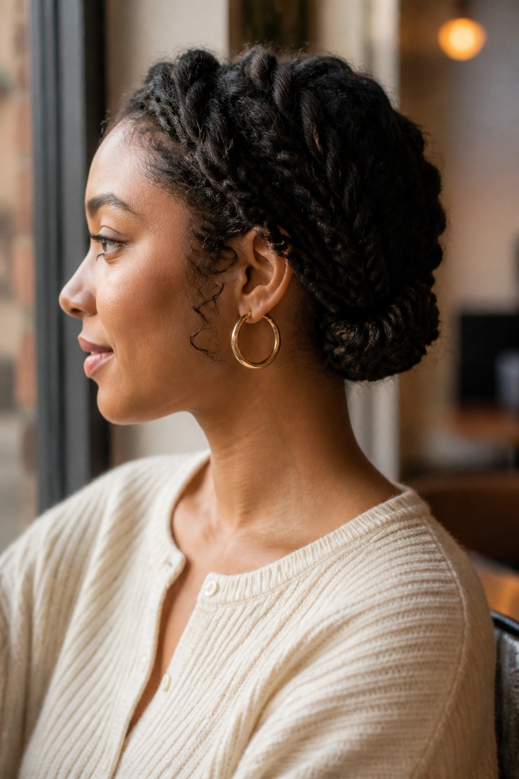 Close-up of a real woman with rope-braid faux bob at the nape