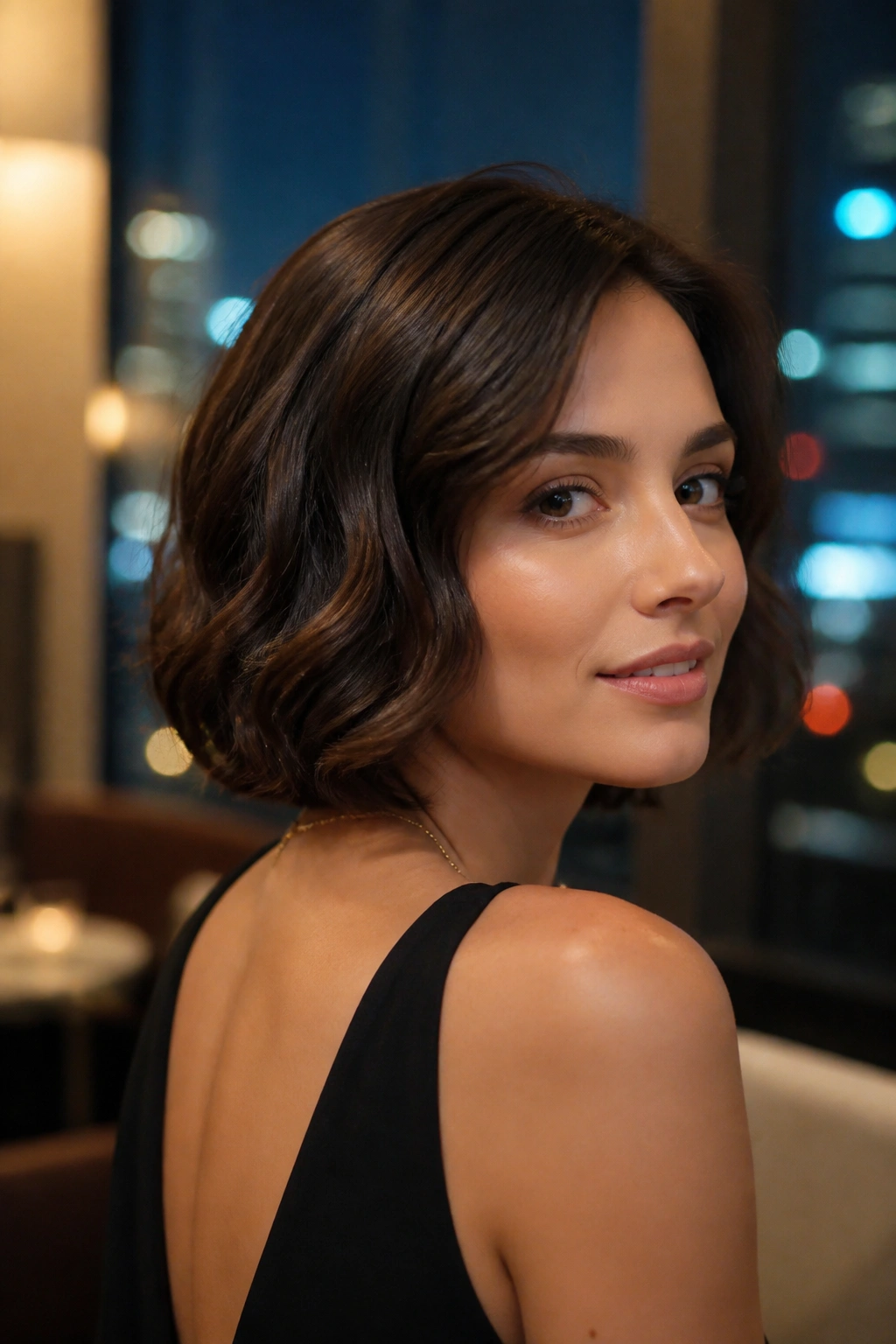 Close-up of a real woman with soft S-wave faux bob