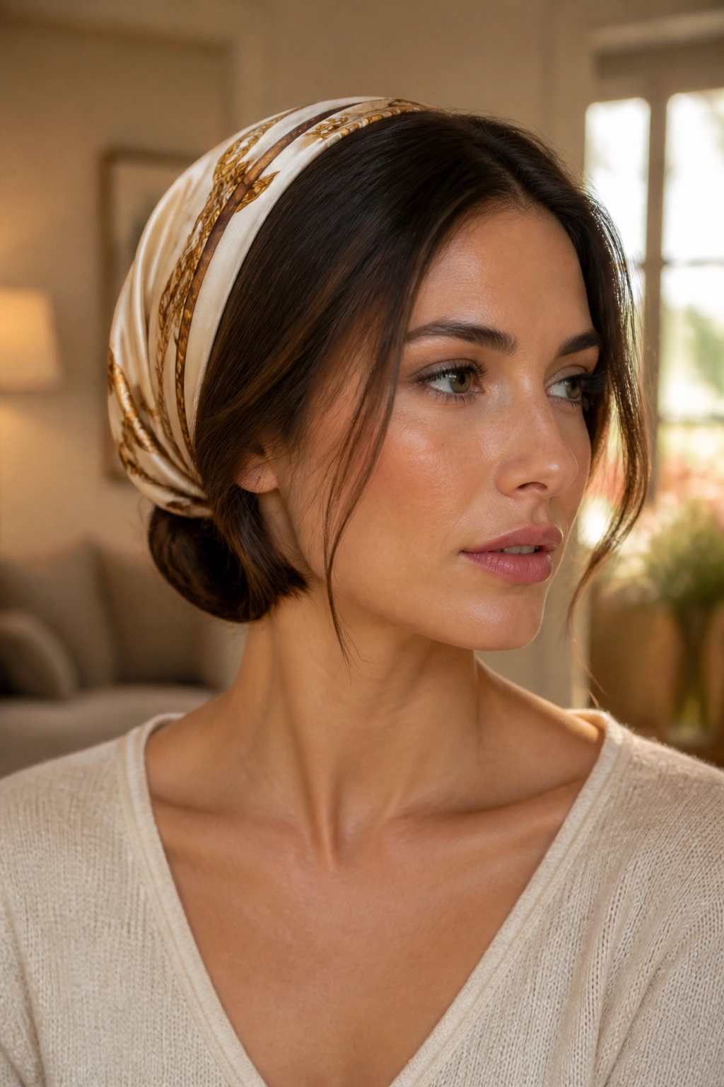 Close-up portrait of a real woman wearing a scarf-wrapped faux bob