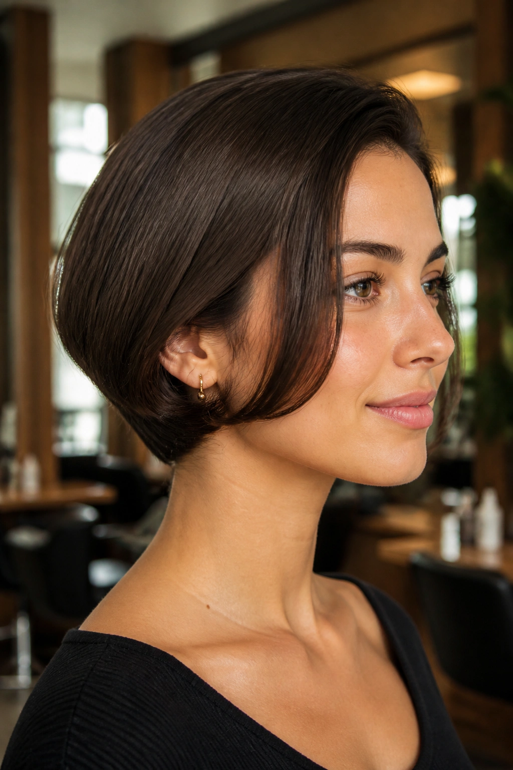 Close-up portrait of a real woman with a sleek pin-curled faux bob in a modern salon