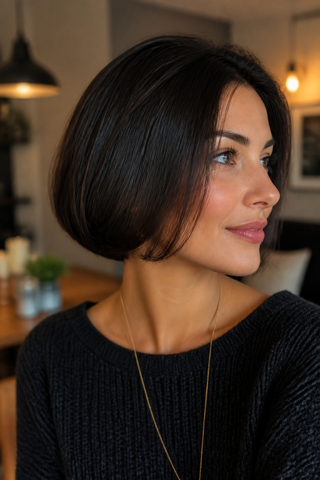 Portrait of woman with tucked-under faux bob.