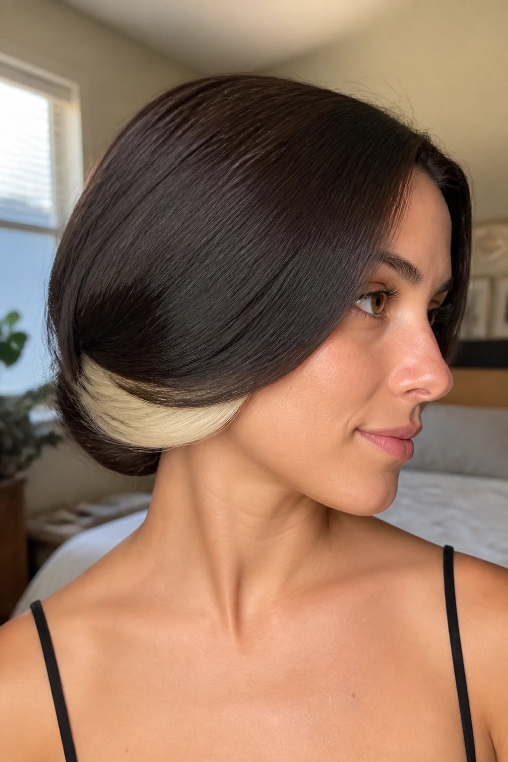 Close-up of a real woman with a faux bob and bright stripe under the bend on dark brown hair