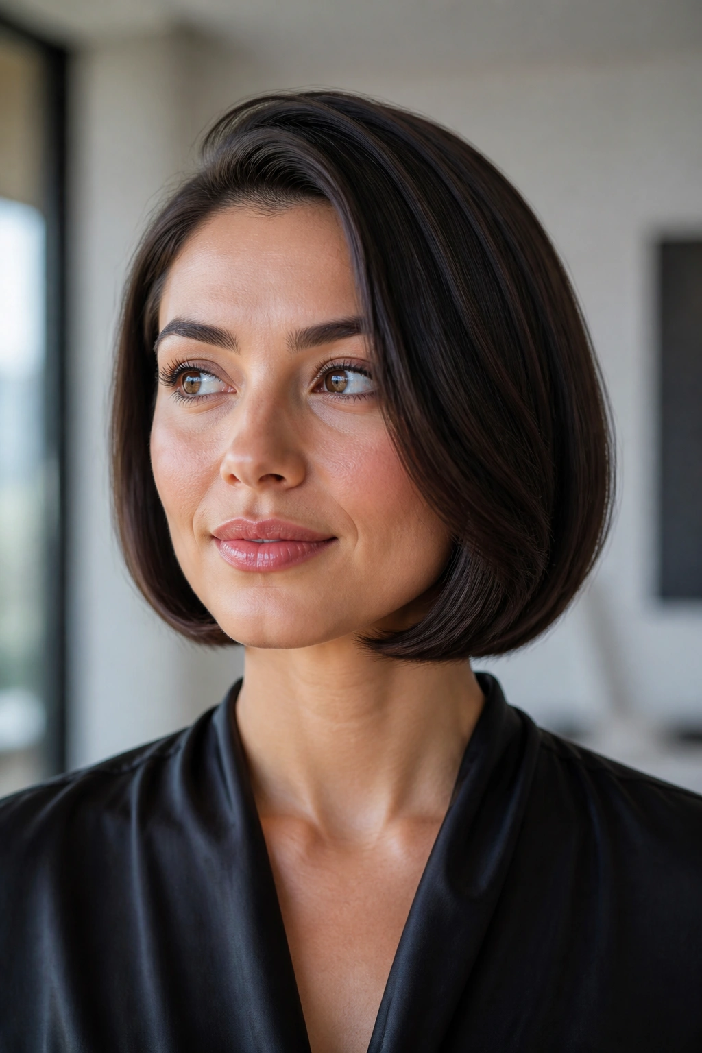 Close-up of a woman with a tucked-under faux bob creating a chin-length look