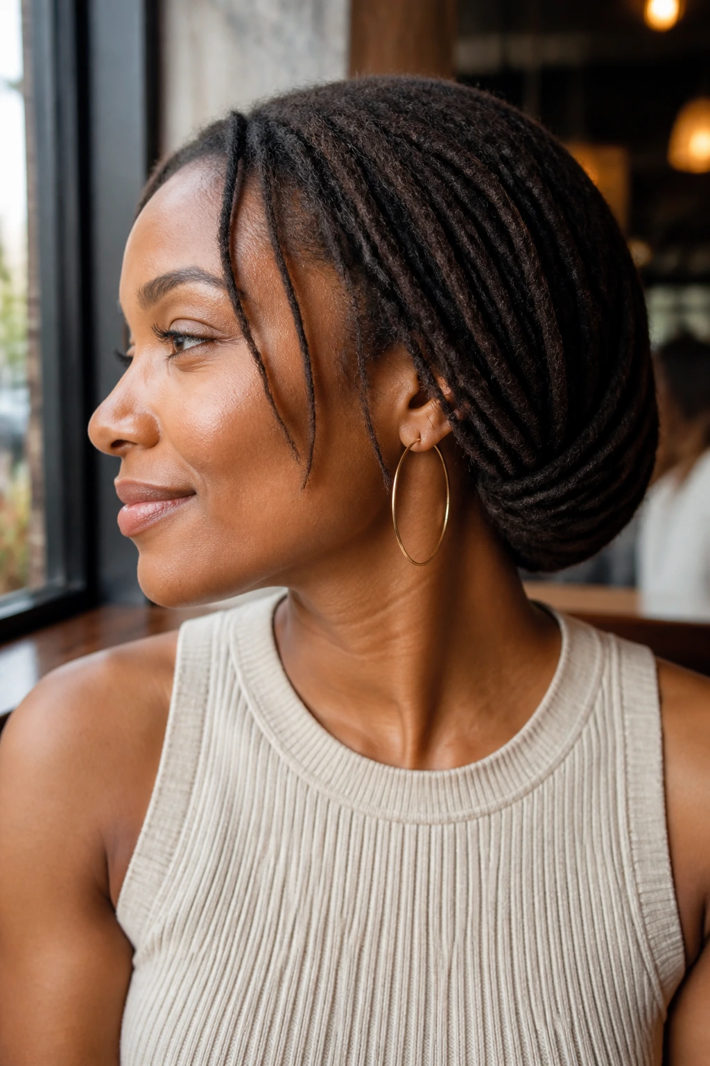 Close-up of a real woman with a faux bob tuck lifting length off the neck