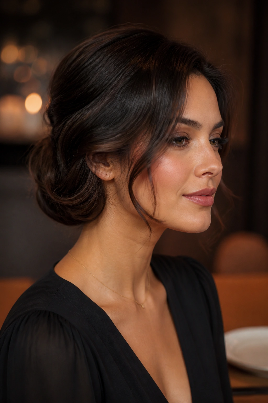 Close-up of a real woman with tucked ends faux bob silhouette