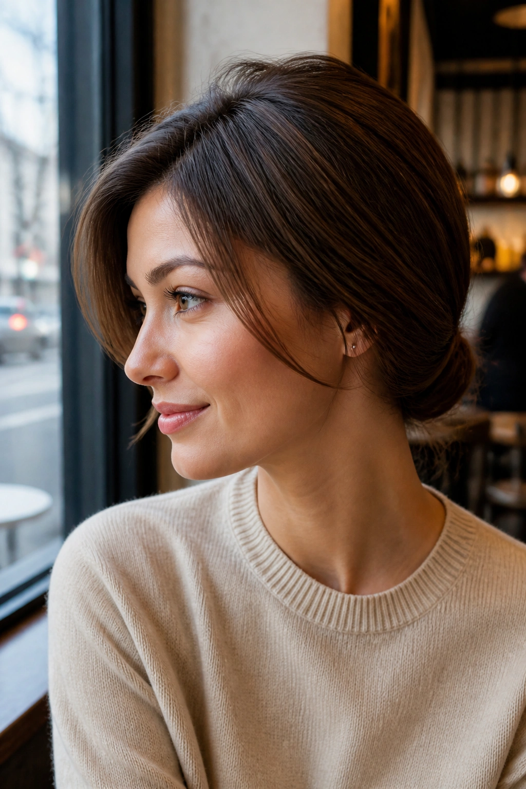 Close-up portrait of woman with faux bob and tucked ends