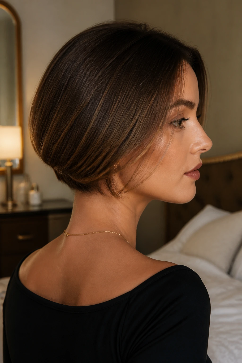 Real woman with tucked-in faux bob showing tucked ends at nape