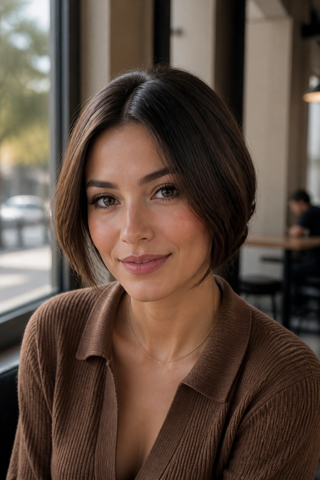 Real woman with tucked-in faux bob under soft daylight