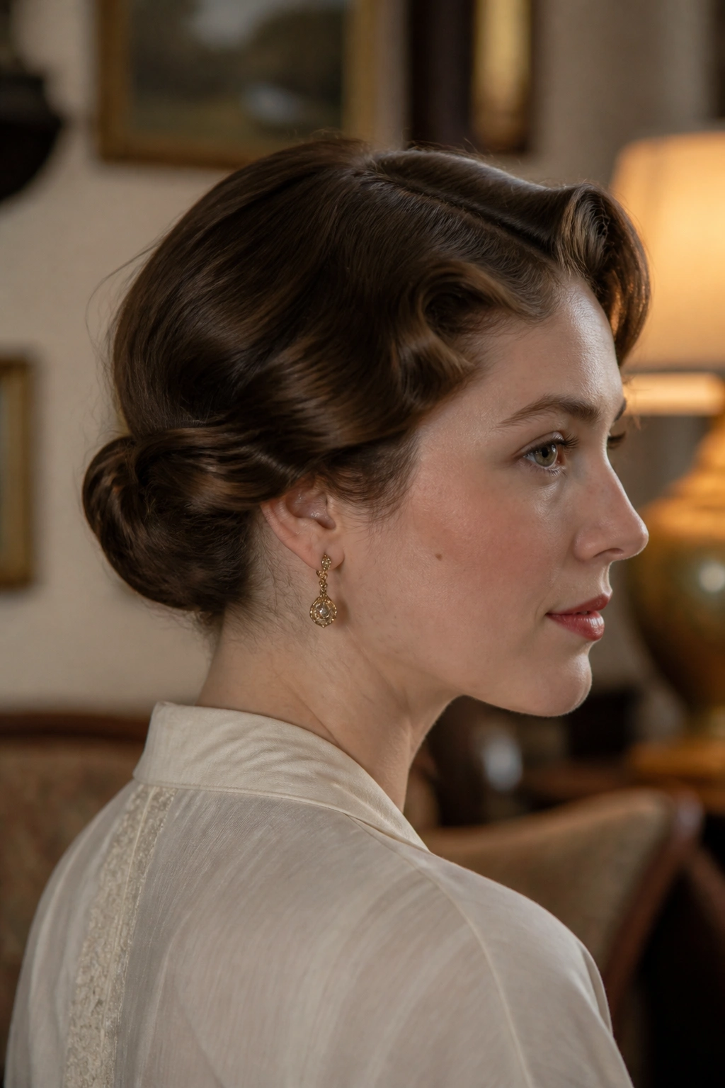 Side-profile of woman with faux bob tucked at the nape