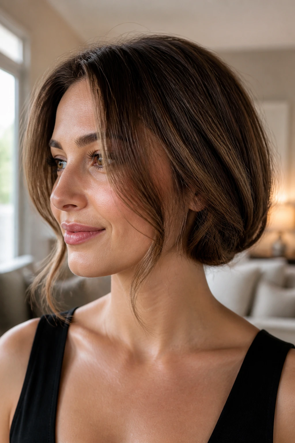 Close-up of a real woman with a tucked-under faux bob hairstyle in warm window light