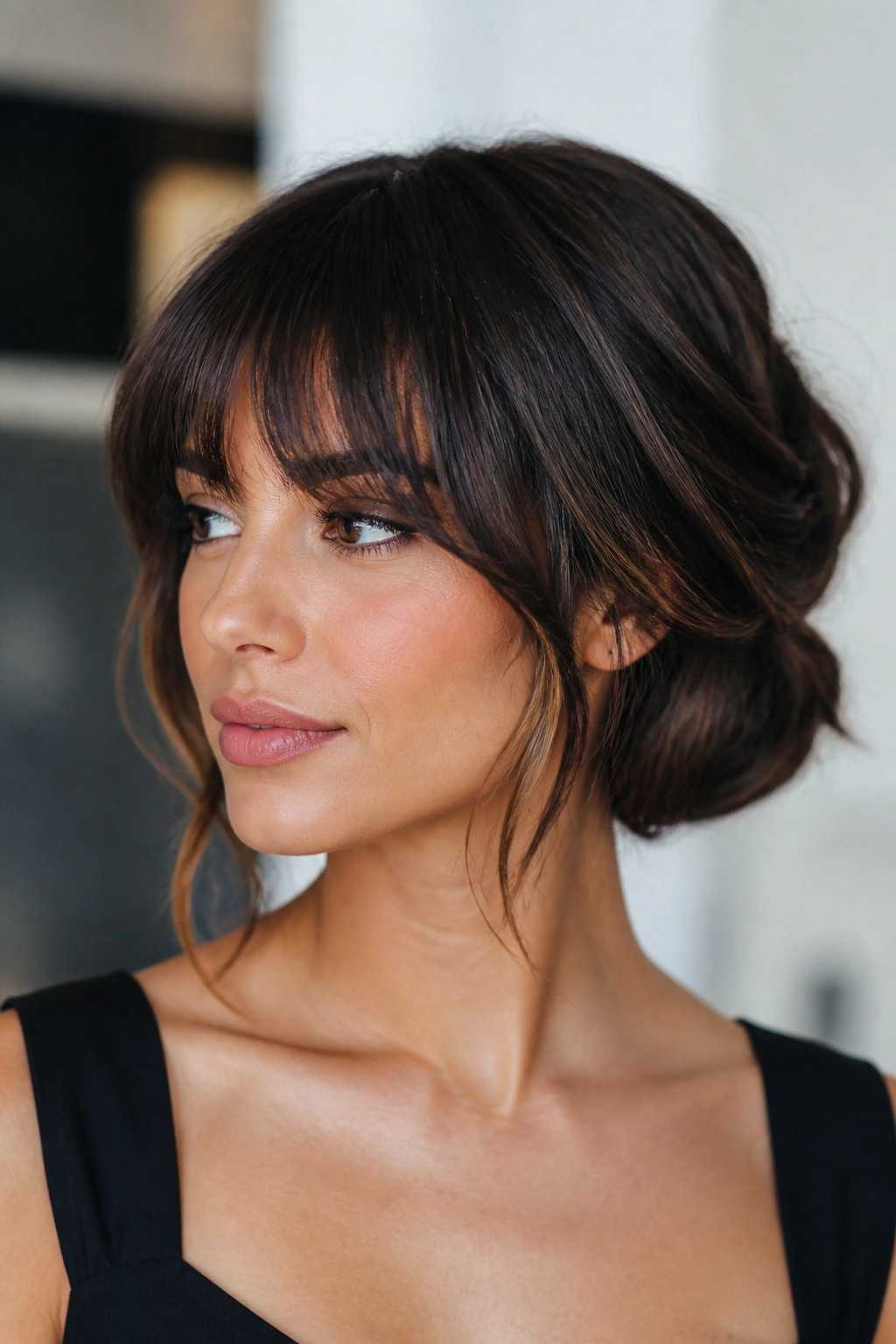 Medium close-up of a real woman with a faux bob and bangs under soft indoor light.
