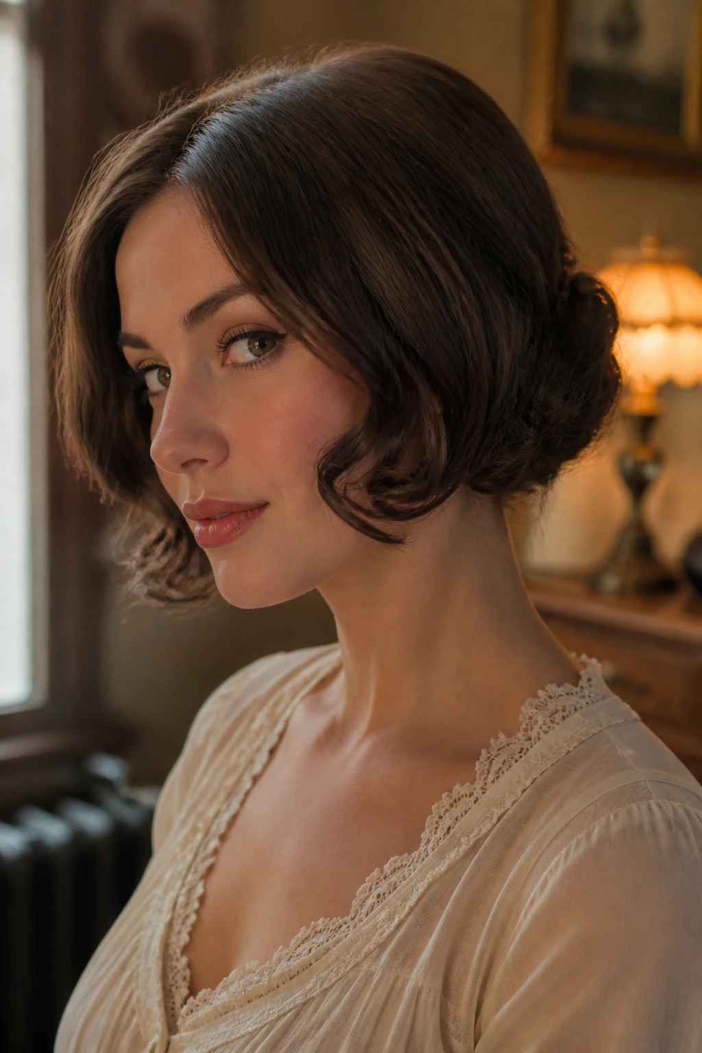 Portrait of a woman with a faux bob hairstyle framing the jaw.