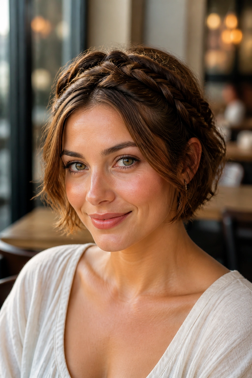 Close-up of short hair faux crown braid on a real woman