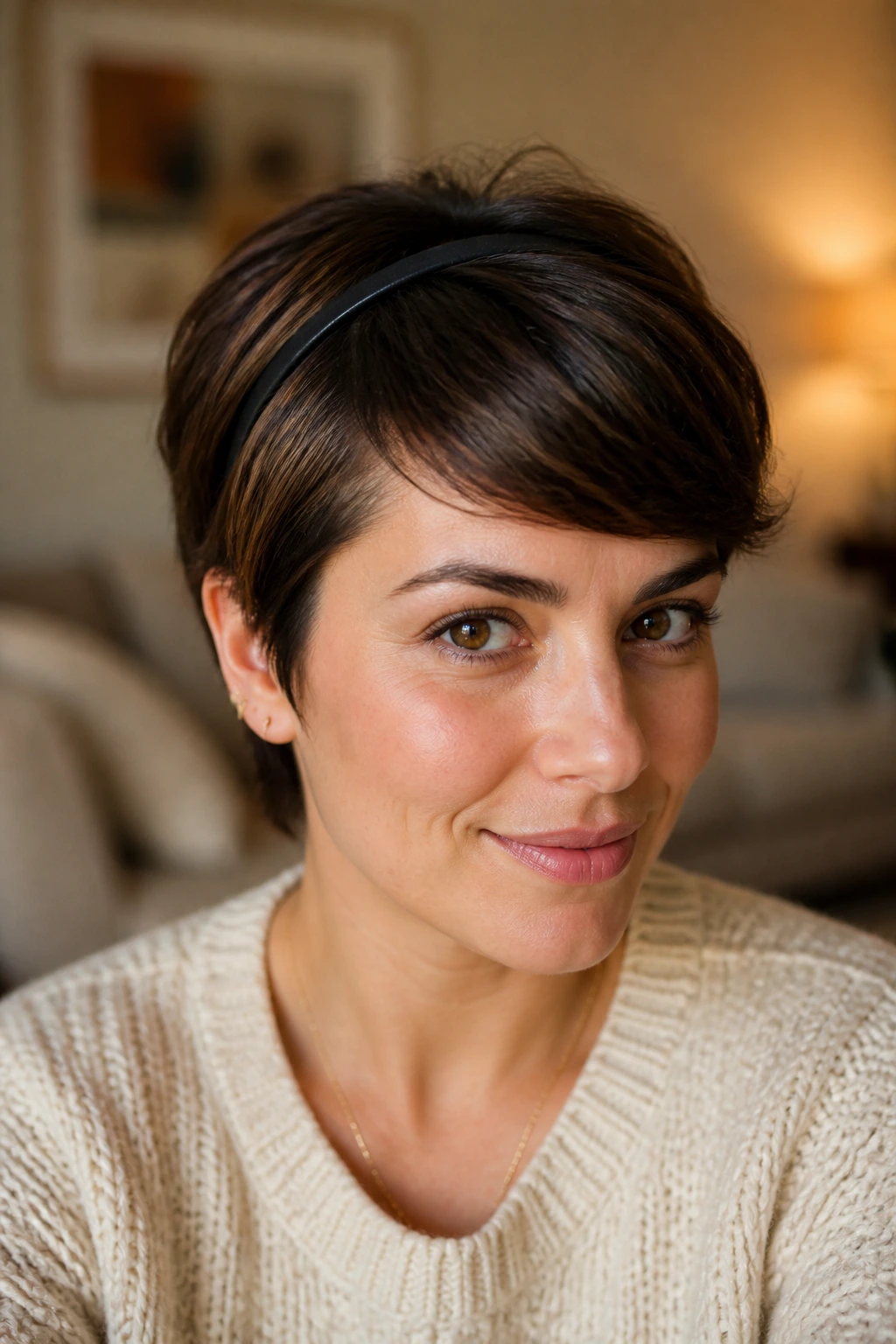 Close-up of real woman with a faux fringe pinned under and headband in warm living room light
