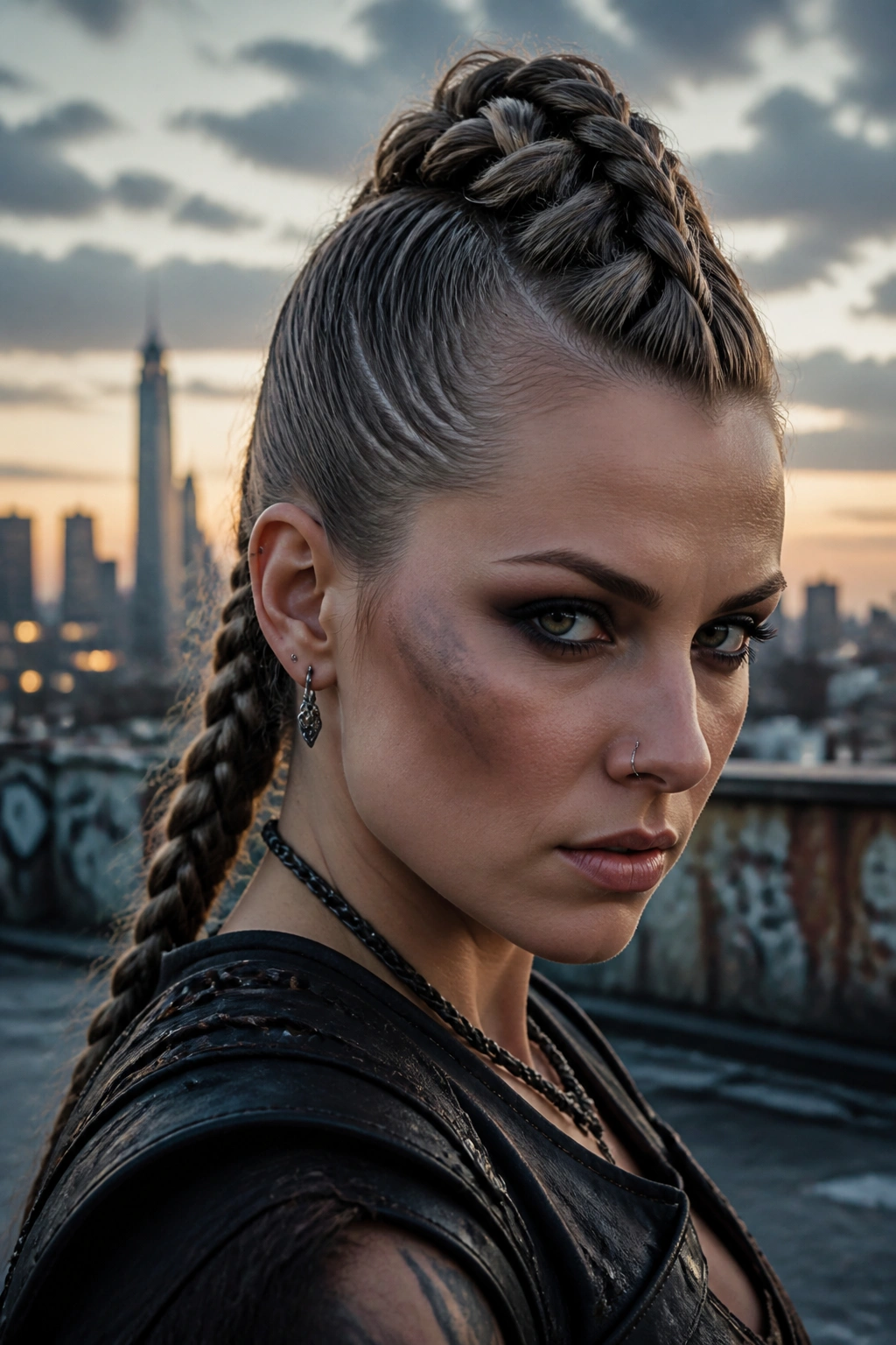 Portrait of a woman with a braided faux hawk against city rooftop backdrop.