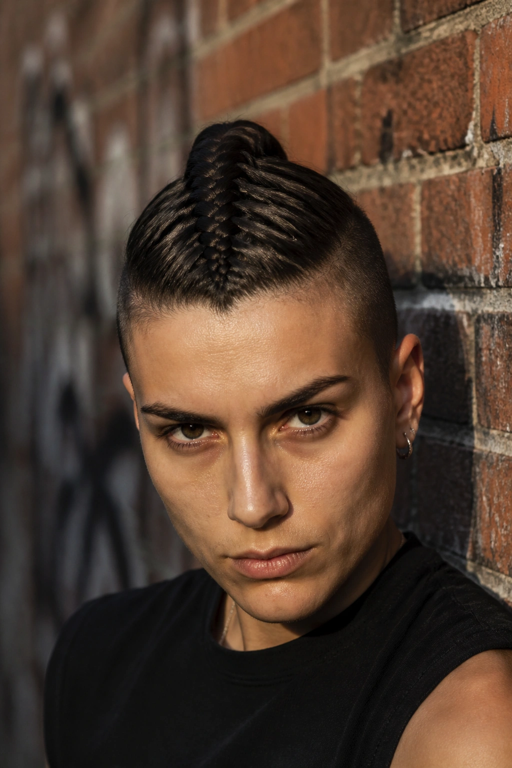 Close-up of a person with a center faux hawk braid against a brick wall