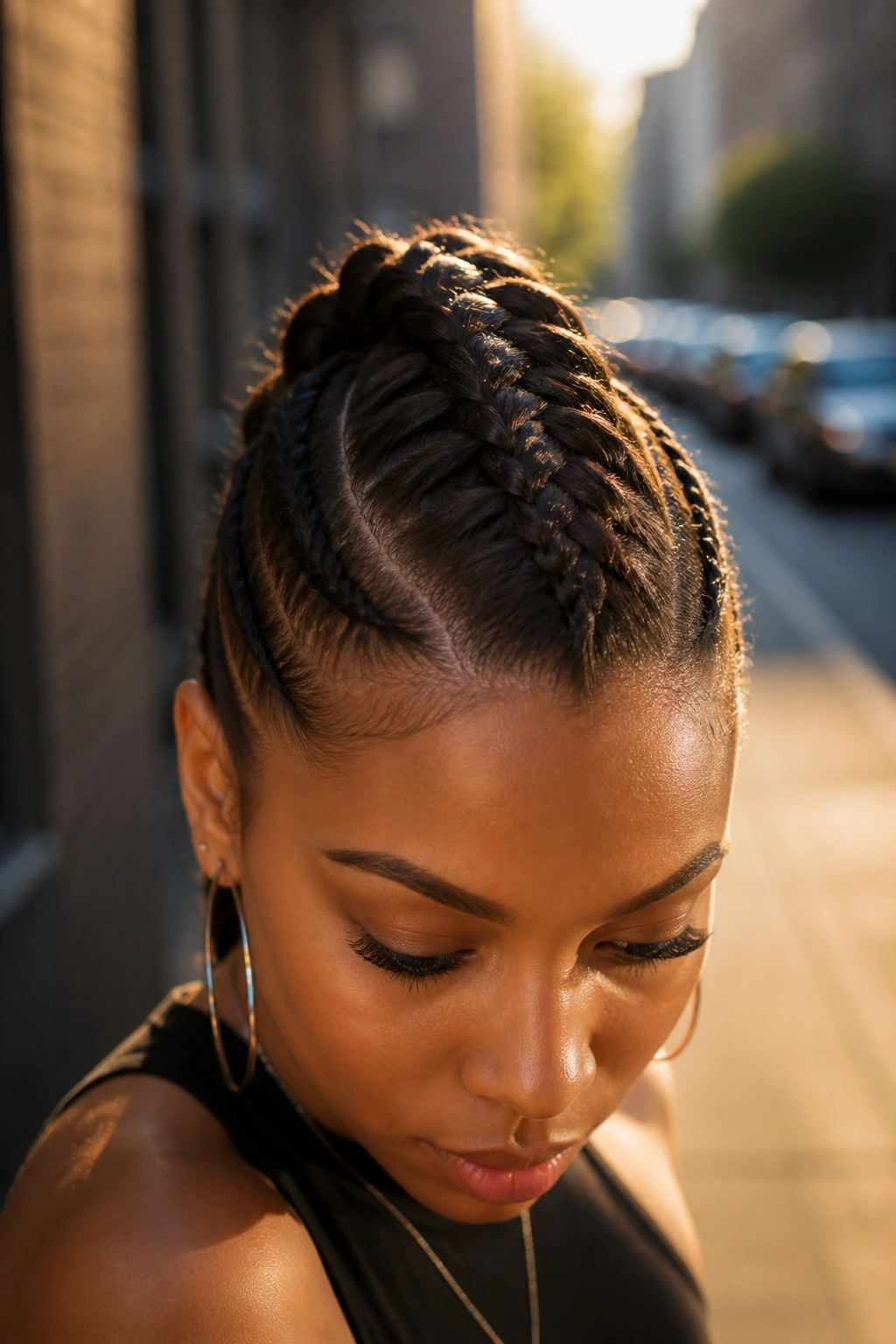 Portrait of a woman with a central Dutch braid faux hawk outdoors at golden hour